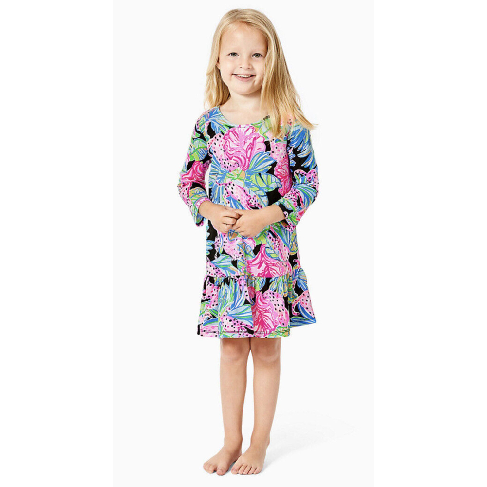 Lilly Pulitzer Girls Jena Dress Pocket Ruffle Onyx Black Jaguar Jungle $68 S 4-5